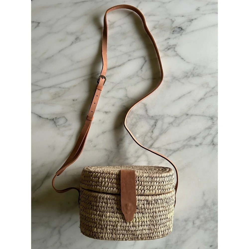 Ten Thousand Villages Woven Straw Crossbody Purse Tan Leather Trim Bangladesh - Picture 12 of 16